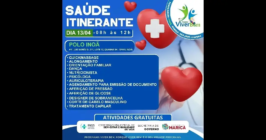 Saúde Itinerante chega ao polo Viver Bem de Inoã neste sábado (13/04)