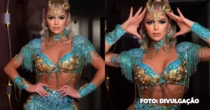 Thalita Zampirolli brilha em feijoada de escola de samba com look de 30 mil cristais